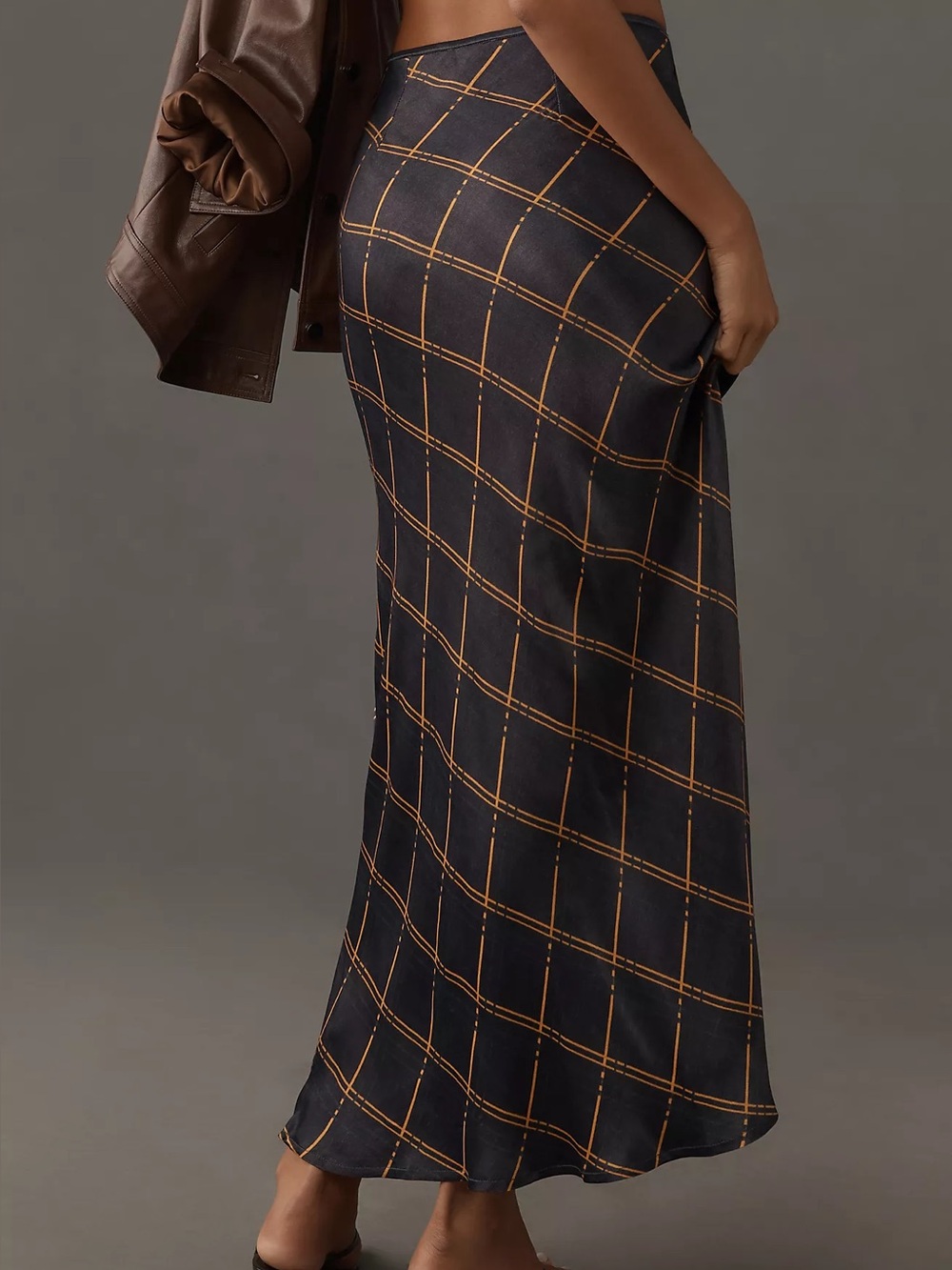 Anthropologie Conditions Apply Black Midi Skirt with Orange Windowpane Plaid - Picture 2 of 5